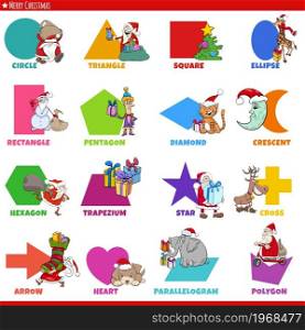 Educational cartoon illustration of geometric shapes with captions and funny Christmas characters for preschool and elementary age children