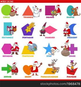 Educational cartoon illustration of geometric shapes with captions and funny Christmas holiday characters for preschool and elementary age children