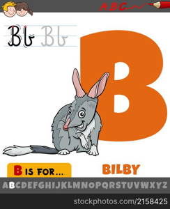 Educational cartoon illustration of letter B from alphabet with bilby animal character