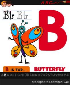 Educational Cartoon Illustration of Letter B from Alphabet with Butterfly for Children