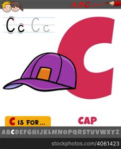 Educational cartoon illustration of letter C from alphabet with cap object