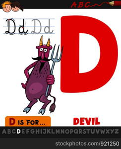 Educational Cartoon Illustration of Letter D from Alphabet with Comic Devil for Children