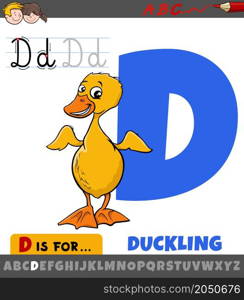 Educational cartoon illustration of letter D from alphabet with duckling animal character