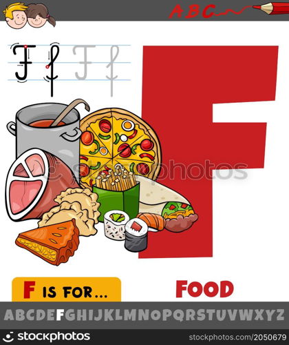Educational cartoon illustration of letter F from alphabet with food word