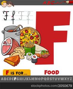Educational cartoon illustration of letter F from alphabet with food word