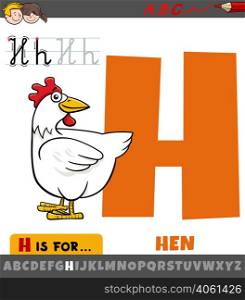 Educational cartoon illustration of letter H from alphabet with hen bird farm animal character
