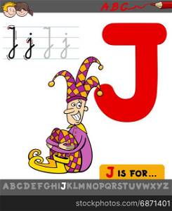 Educational Cartoon Illustration of Letter J from Alphabet with Jester Character for Children