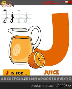Educational cartoon illustration of letter J from alphabet with juice word for children 