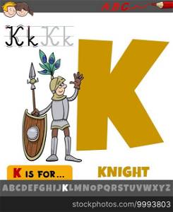 Educational cartoon illustration of letter K from alphabet with knight character for children 