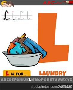 Educational cartoon illustration of letter L from alphabet with laundry graphic