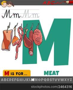 Educational cartoon illustration of letter M from alphabet with meat food objects