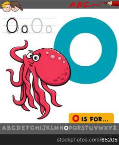 Educational Cartoon Illustration of Letter O from Alphabet with Octopus Animal Character for Children