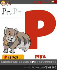 Educational cartoon illustration of letter P from alphabet with pika animal character