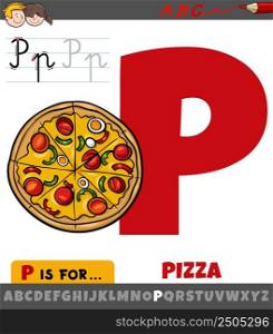Educational cartoon illustration of letter P from alphabet with pizza food object