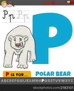 Educational cartoon illustration of letter P from alphabet with polar bear animal character