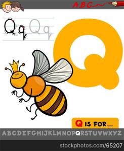 Educational Cartoon Illustration of Letter Q from Alphabet with Queen Bee Insect Character for Children