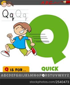 Educational cartoon illustration of letter Q from alphabet with quick word