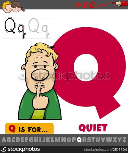 Educational cartoon illustration of letter Q from alphabet with quiet word