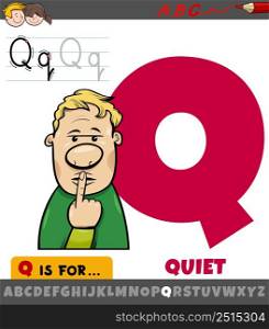 Educational cartoon illustration of letter Q from alphabet with quiet word