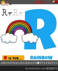 Educational cartoon illustration of letter R from alphabet with rainbow