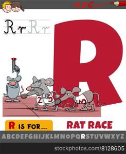 Educational cartoon illustration of letter R from alphabet with rat race saying or proverb