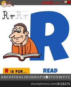 Educational cartoon illustration of letter R from alphabet with read word