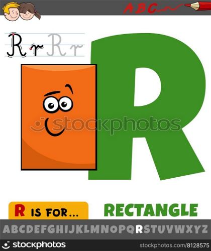 Educational cartoon illustration of letter R from alphabet with rectangle geometric shape