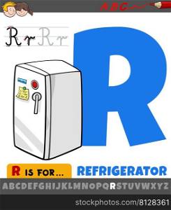 Educational cartoon illustration of letter R from alphabet with refrigerator object