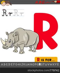 Educational Cartoon Illustration of Letter R from Alphabet with Rhinoceros Animal Character for Children