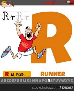 Educational cartoon illustration of letter R from alphabet with runner character