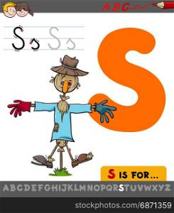 Educational Cartoon Illustration of Letter S from Alphabet with Scarecrow for Children