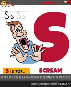 Educational cartoon illustration of letter S from alphabet with scream word