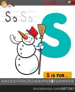 Educational Cartoon Illustration of Letter S from Alphabet with Snowman Character for Children