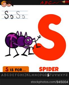 Educational Cartoon Illustration of Letter S from Alphabet with Spider for Children