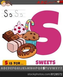 Educational cartoon illustration of letter S from alphabet with sweets food objects