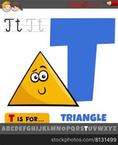 Educational cartoon illustration of letter T from alphabet with triangle geometric shape character