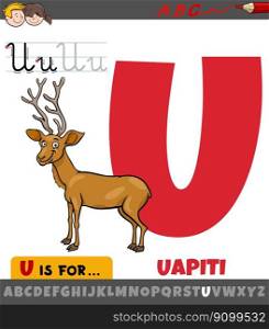 Educational cartoon illustration of letter U from alphabet with uapiti animal character