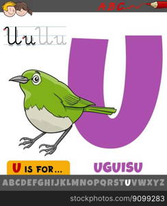 Educational cartoon illustration of letter U from alphabet with uguisu bird animal character