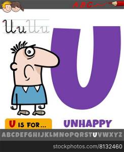 Educational cartoon illustration of letter U from alphabet with unhappy word