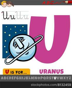 Educational cartoon illustration of letter U from alphabet with uranus planet