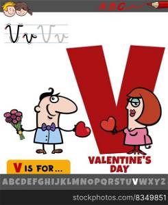 Educational cartoon illustration of letter V from alphabet with Valentine’s Day