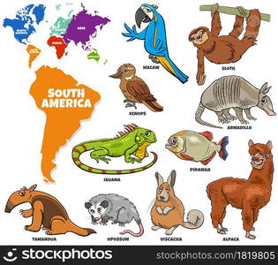 Educational cartoon illustration of Asian animal species set and world