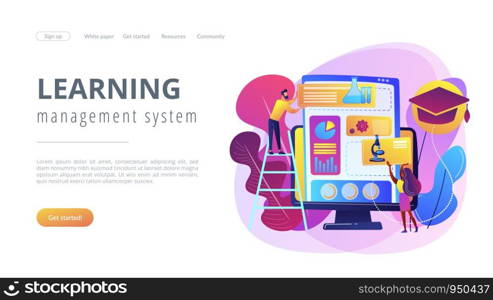 Educational courses management software on computer screen. Learning management system, educational technology, online learning delivery concept. Website vibrant violet landing web page template.. Learning management system concept landing page.