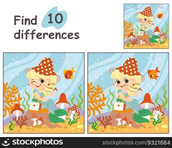 Educational game for children. Find 10 differences with template. Cute cartoon mermaid and mushrooms in underwater world. Vector illustration for children workbooks, print, decorations and design.. Find 10 differences with mermaid and mushrooms vector illustration