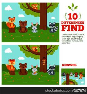 Educational game for kids with funny forest mascots. Vector cartoon illustration with differences elements. Cartoon character animal on game poster find difference. Educational game for kids with funny forest mascots. Vector cartoon illustration with differences elements