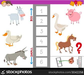 educational game with large and small farm animals. Cartoon Illustration of Educational Game of Finding the Largest and the Smallest Farm Animal with Funny Characters for Children