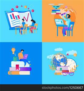 Educational Icon Set. Man with Laptop Sit on Textbooks Heap, Drone Bring Books to Student at Desk, Scholars Learning Graphs, Globe, Books and Glasses. Multicolored Background. Flat Vector Illustration. Educational Icon Set on Multicolored Background