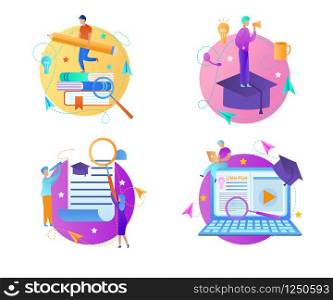 Educational Icon Set. Man with Pencil on Top of Books Heap, Laptop with Magnifier and Academic Cap, Man with Loudspeaker on Graduation Hat inside of Colorful Circles on White. Flat Vector Illustration. Educational Round Icons on White Background.