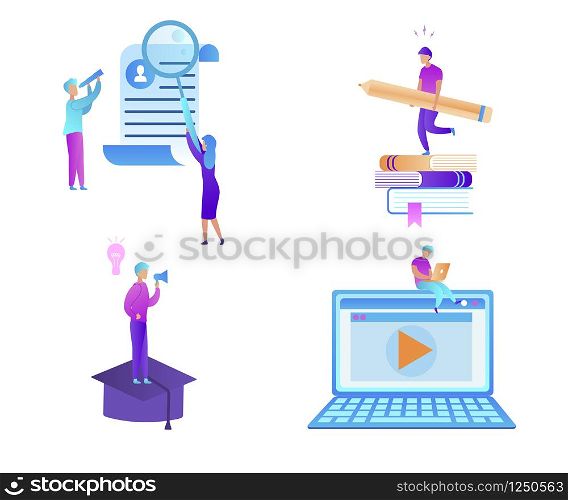 Educational Icon Set. Man with Pencil on Top of Textbooks Heap, Student Sitting on Huge Laptop, Speaking Guy Stand on Academic Cap, People Watch on Profile with Magnifier. Flat Vector Illustration.. Educational Icon Set. Students and School Stuff