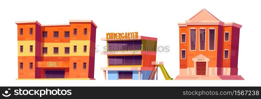 Educational institutions kindergarten, school and university buildings front view facade. Modern city establishment for studying, architecture isolated on white background. Cartoon vector illustration. kindergarten, school and university buildings set